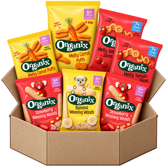 First Finger Foods discovery box with seven Organix products